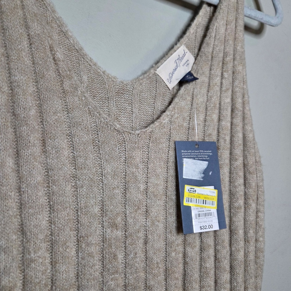 Universal Thread Ribbed Knit Fall Midi Dress XS Tan Beige‎ Sleeveless V-Neck NWT
